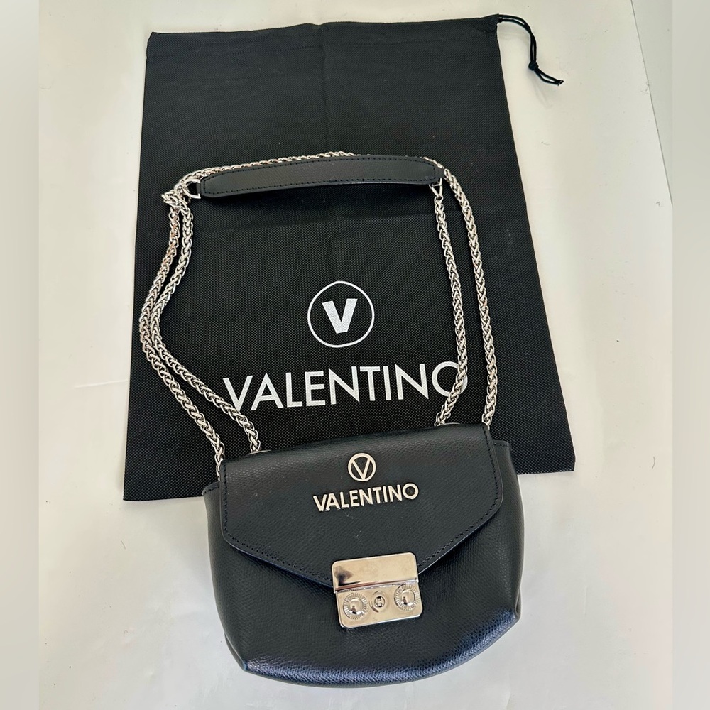 Authentic Valentino Black Leather Crossbody Chain Bag “Mario Valentino